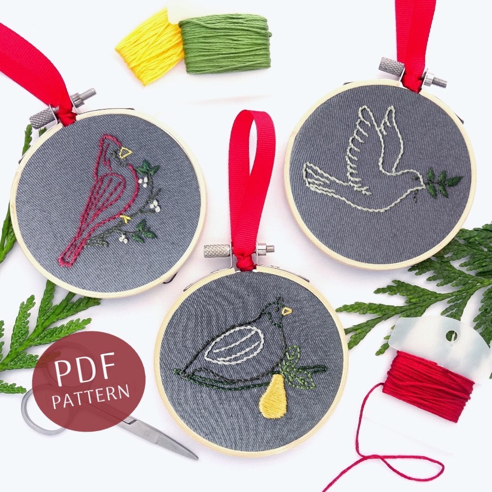 Holiday Birds Ornament Set Hand Embroidery Pattern