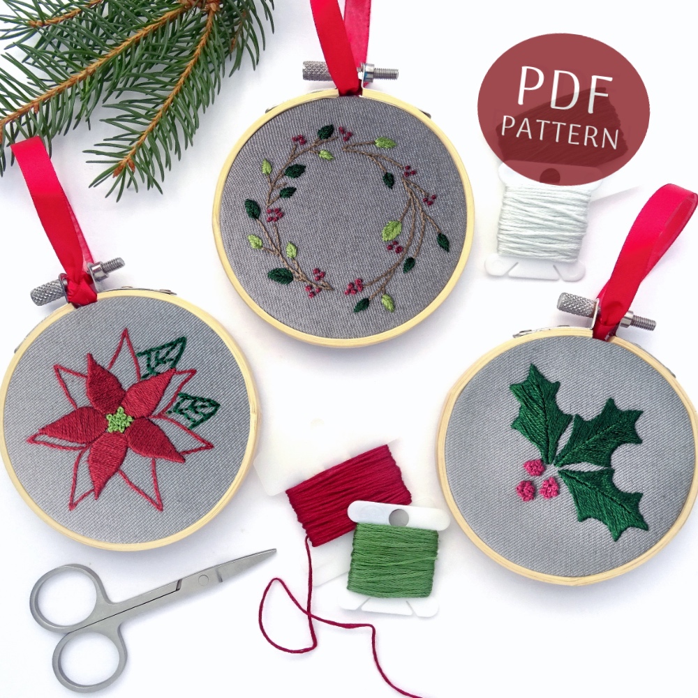 Holiday Botanical Ornament Set Hand Embroidery Pattern