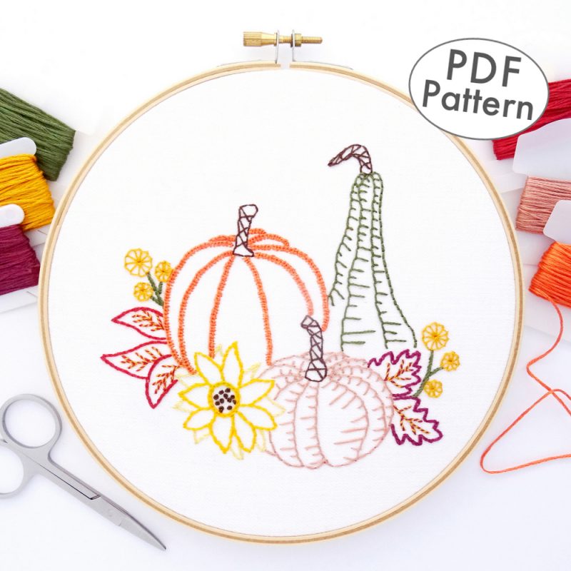 Pumpkins & Leaves Hand Embroidery Pattern - Wandering Threads Embroidery