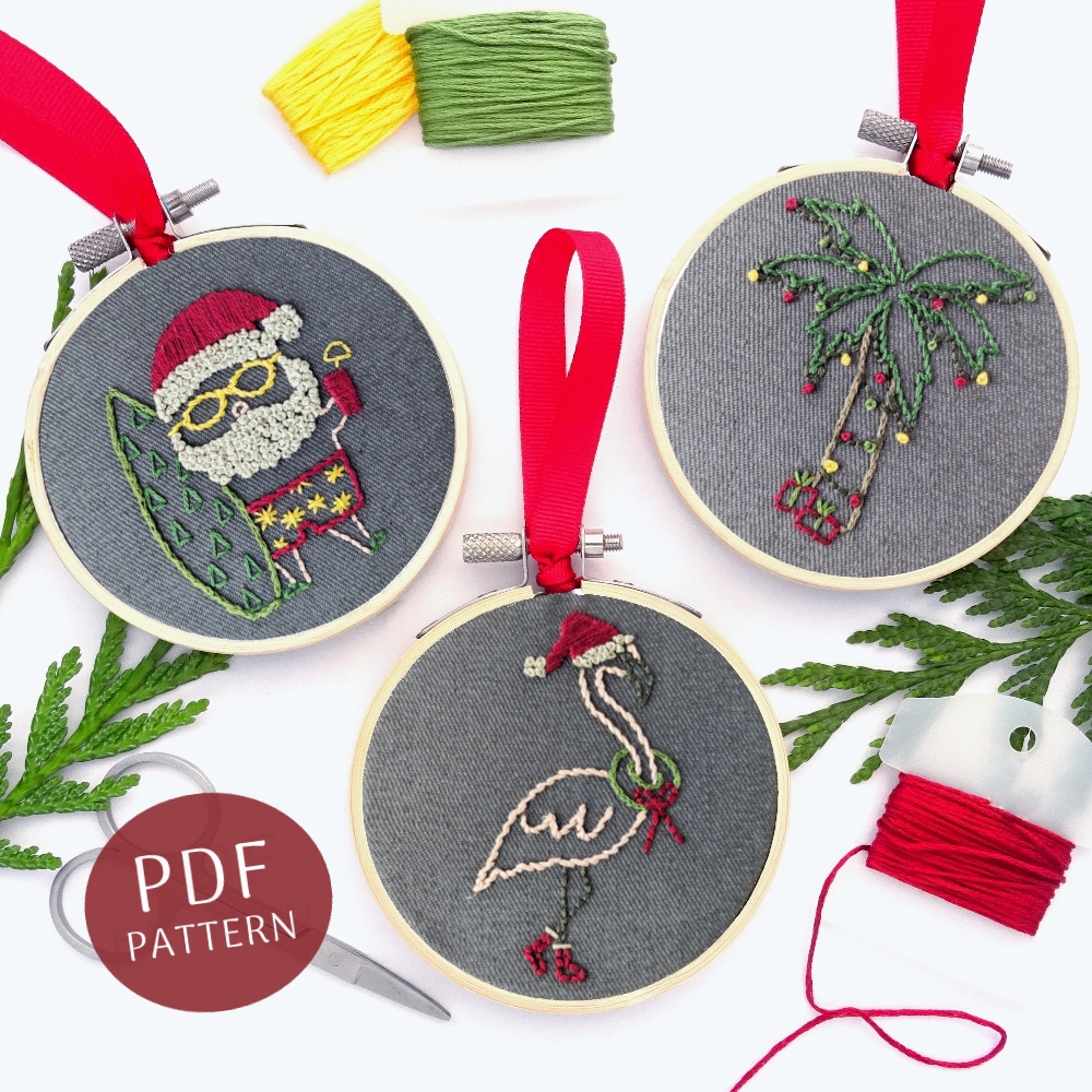 Tropical Christmas Ornament Set Hand Embroidery Pattern